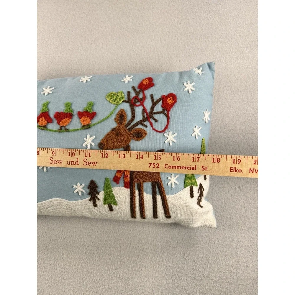 VTG Pier 1 Christmas Reindeer Lumbar Throw Pillow Embroidered Blue